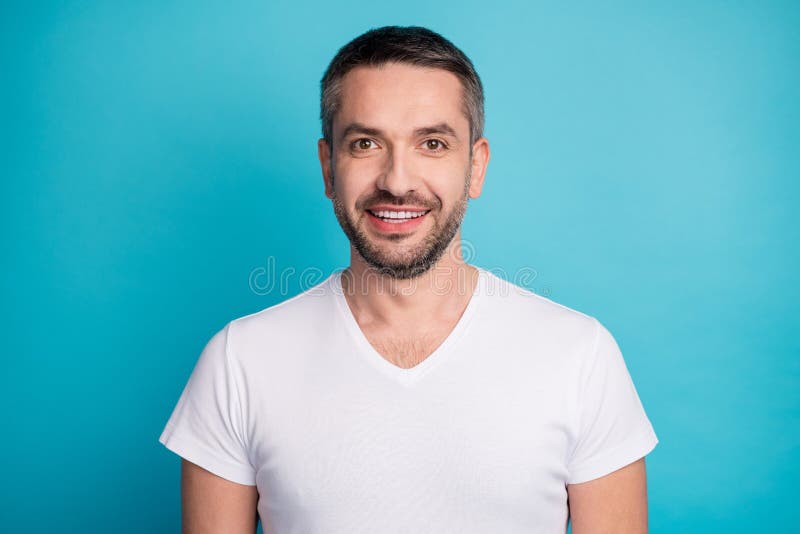 Close Up Portrait Of His He Nice Attractive Content Cheerful Cheery Bearded Guy Wearing Tshirt