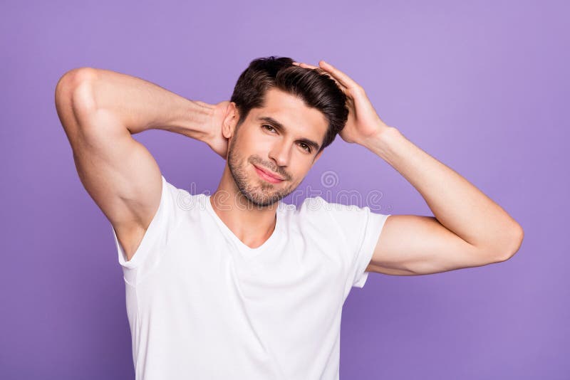 Close-up Portrait of His he Nice Attractive Well-groomed Content Sportive  Cheery Brown-haired Guy Touching Silky Hair Stock Image - Image of barber,  beauty: 200837693