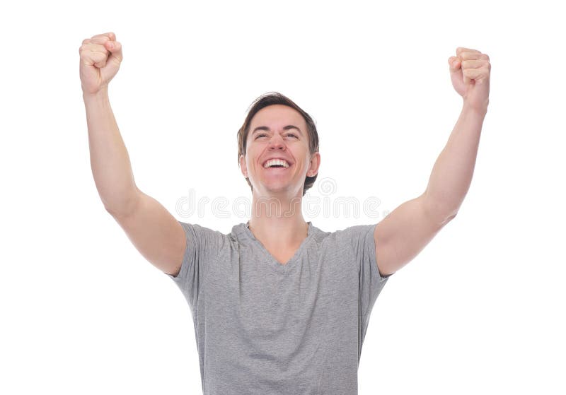 Close up portrait of a man smiling and celebrating with arms outstretched. On isolated white background royalty free stock image Close up portrait of a man smiling and celebrating with arms outstretched. On isolated white background royalty free stock image
