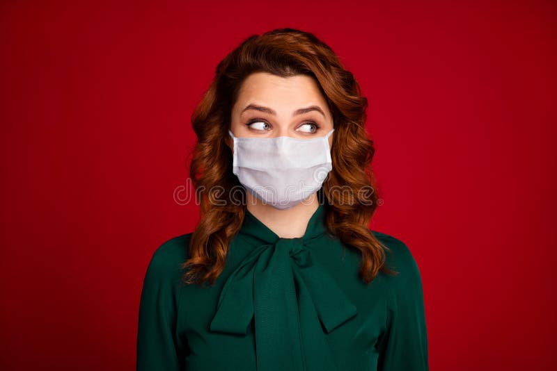 Close-up portrait nice-looking cheerful wavy-haired girl looking aside see covid infection quarantine enjoy she wear royalty free stock photos