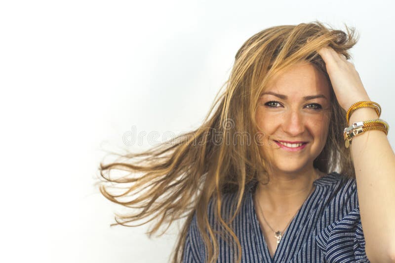 Close Up Portrait Of Smiling Beautiful Woman With Hair Motion Sh Stock