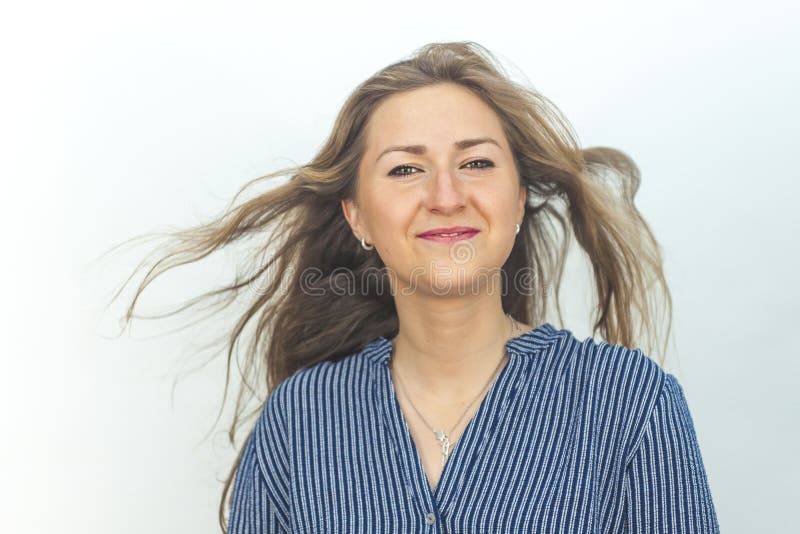 Close Up Portrait Of Smiling Beautiful Woman With Hair Motion Sh Stock