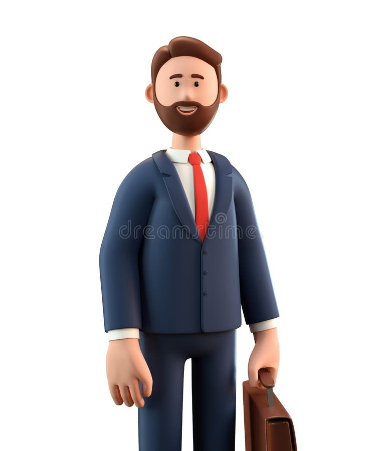 Close up portrait of smiling happy businessman in suit with suitcase. 3D illustration of cartoon standing bearded man