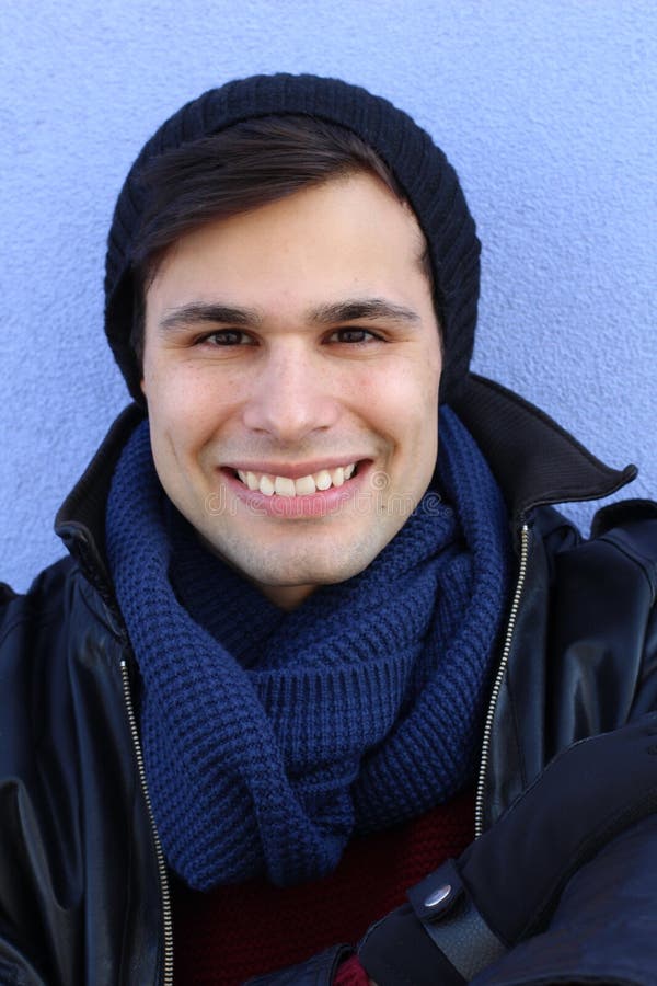 Close Up Portrait of Smiling Man Wearing Winter Clothes Looking at ...