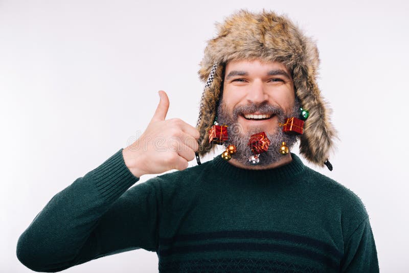 Smiling Young Man with Decorated Beard Showing Thumbs Up Gesture Stock ...