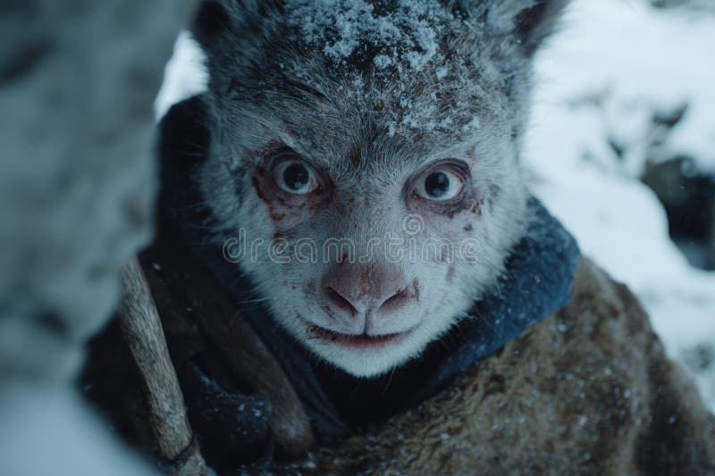 Close-up portrait of a snow-covered monkey stock illustration