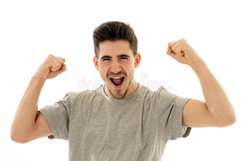 Close up portrait of surprised and happy man celebrating victory and wining lottery stock photo Close up portrait of surprised and happy man celebrating victory and wining lottery stock photo