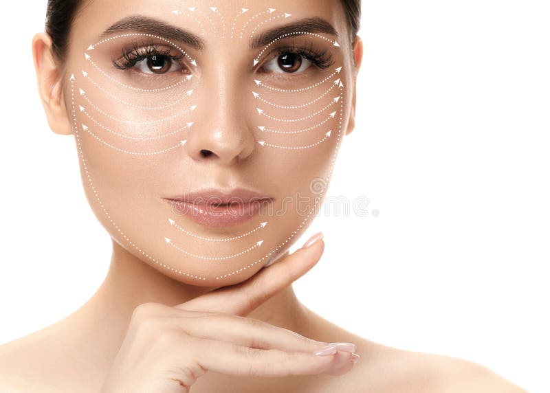Close-up portrait of young, beautiful and healthy woman with arrows on her face stock photos Close-up portrait of young, beautiful and healthy woman with arrows on her face stock photos
