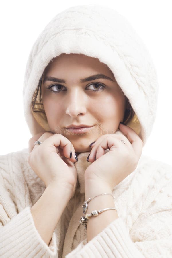 Portrait Of A Young Cute Woman With White Sweater Stock Image Image