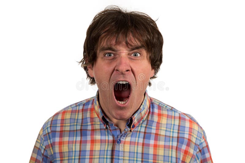 Close up portrait of young man yelling with open mouth on isolated white background