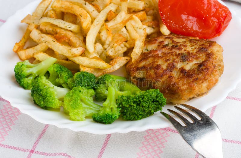 Close-up potatoes with cutlet and broccoli