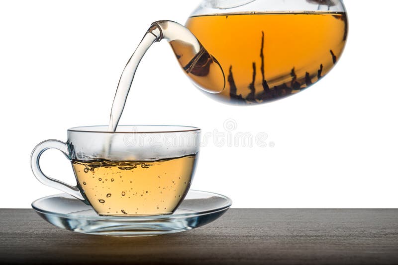 Download Close Up Of Pouring Tea From Teapot On Wooden Over White ...