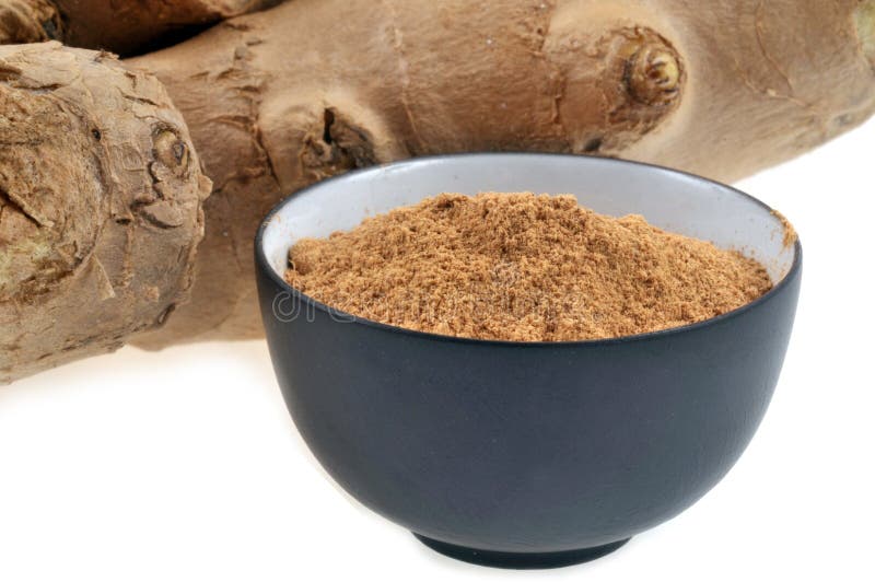 Ramekin of Powdered Ginger and Fresh Ginger Closeup on White