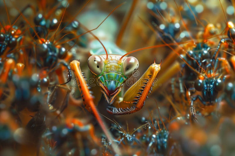 Close up of a praying mantis surrounded by insects.