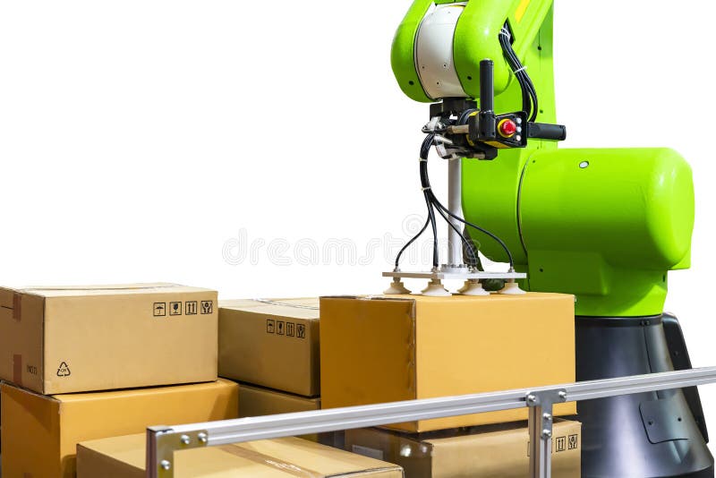 Close up precision robot arm and automatic vacuum or suction cup for pick - place transport paper box or various material sheet plate product of manufacturing in industrial isolated clipping path.