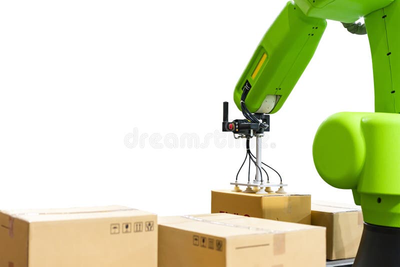 Close up precision robot arm and automatic vacuum or suction cup for pick - place transport paper box or various material sheet plate product of manufacturing in industrial isolated clipping path.