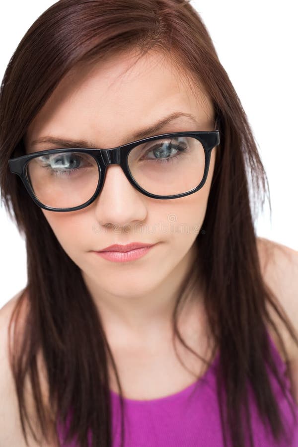 Close Up On Pretty Brunette With Glasses Posing Stock