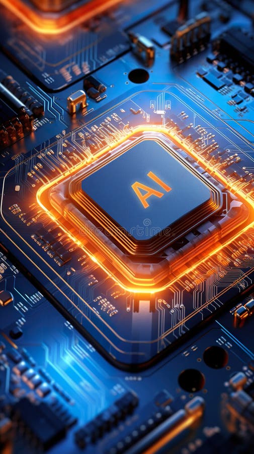 Close up of a processor for artificial intelligence, labeled AI. Generative AI image. A close up of a processor for artificial intelligence, labeled AI on complex motherboard.