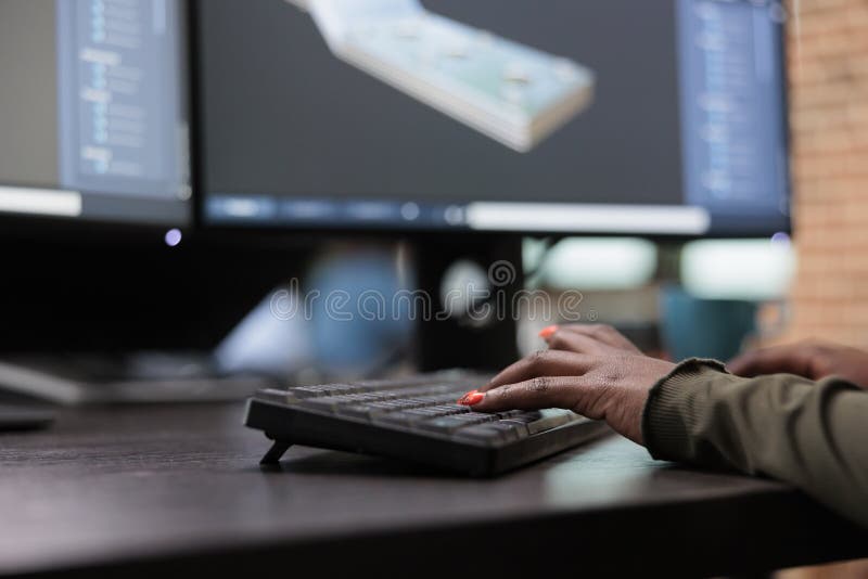 Close up of production department team leader working in CAD to create prototype mesh. royalty free stock image