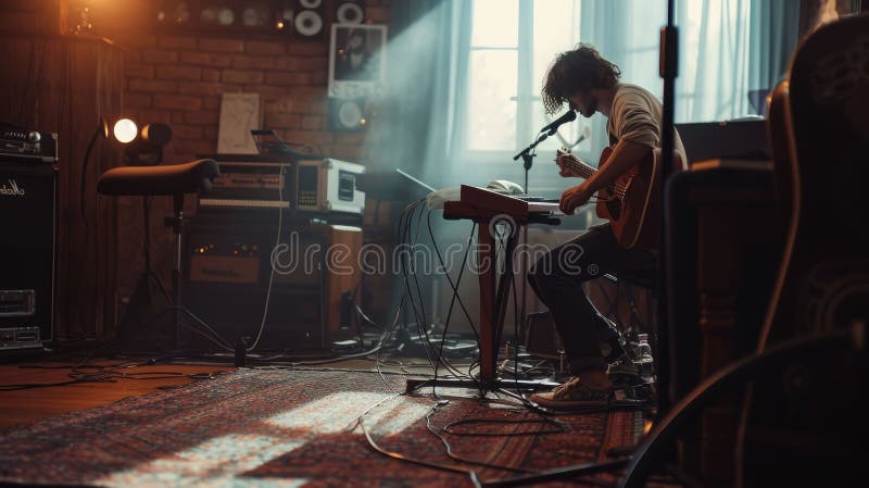 închiderea muzicianului profesionist inteligent care cântă la chitară la studioul muzical. aig42. royalty free stock photo