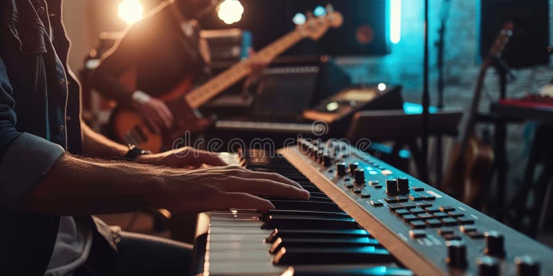 închiderea muzicianului profesionist inteligent care joacă tastatură la studioul muzical. aig42. royalty free stock photo