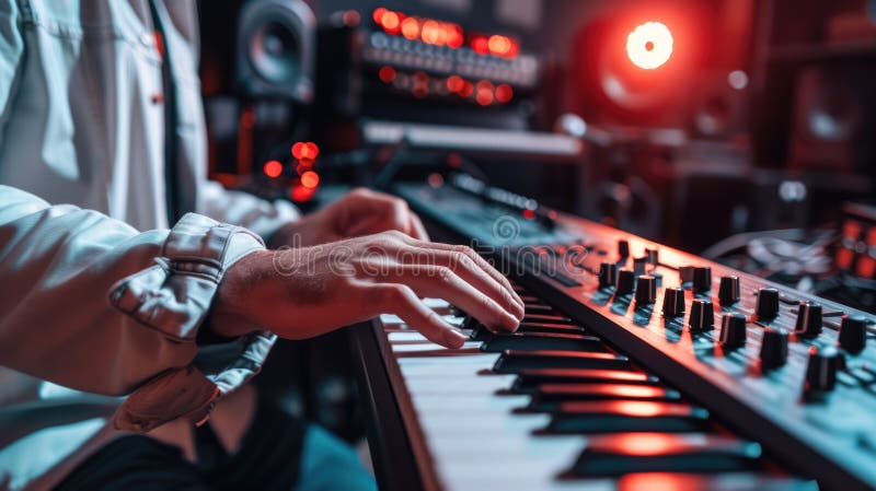 închiderea muzicianului profesionist inteligent care joacă tastatură la studioul muzical. aig42. stock images