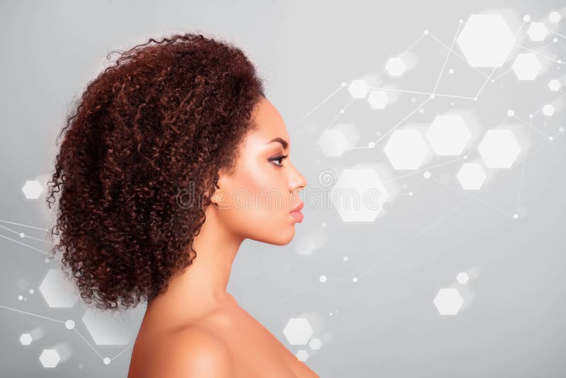 Close-up profile side view portrait of perfect shine glamorous lady after medical procedure hexagonal construction cells visual effect isolated over white light gray background.