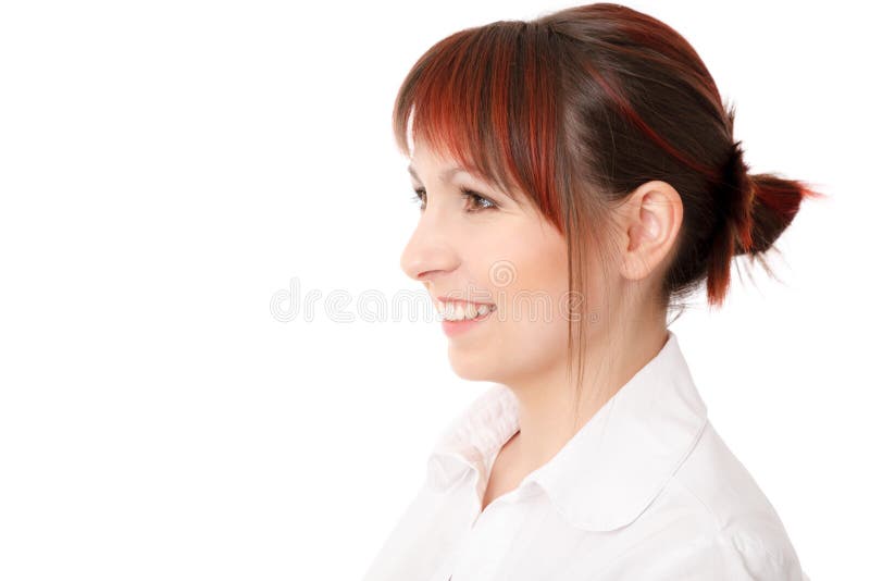 Close-up profile of smiling young woman looking sideways isolated on white. Cut smiling stock images, royalty-free photos and pictures