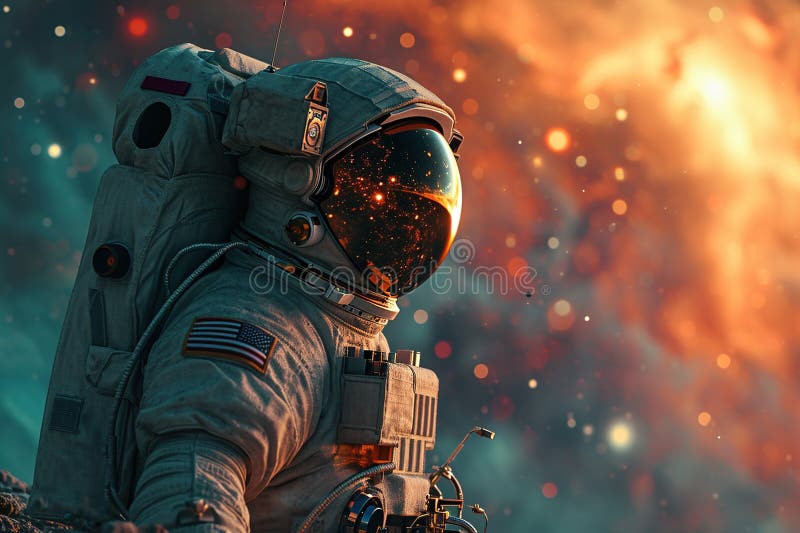 Close-up profile view astronaut in space uniform on blurred bokeh background of bright universe with stars stock illustration