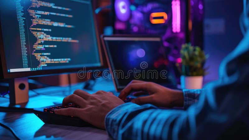 Programmer Immersed in Late Night Coding Session AIG41 Stock Photo ...