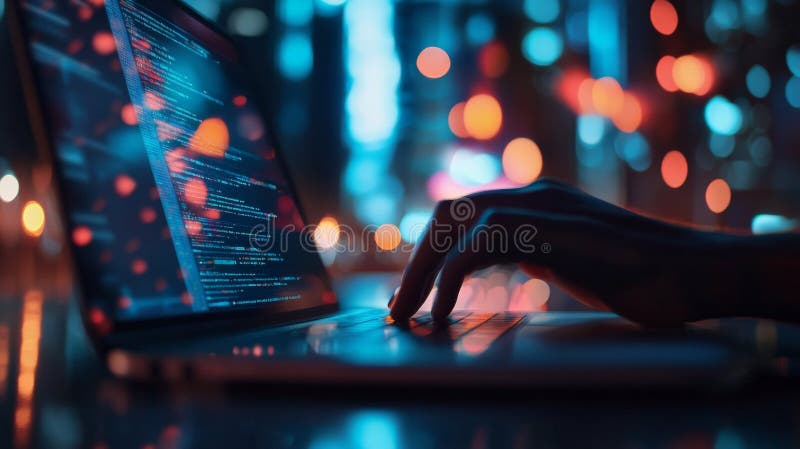 Close-up of a programmer's hands typing on a laptop stock images