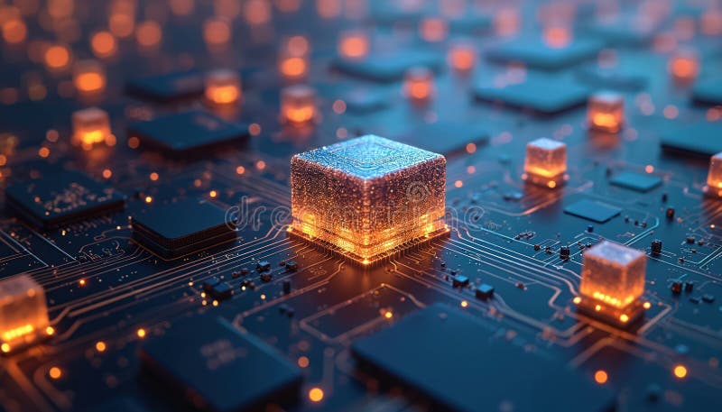 Close-up of quantum computer processing unit with circuit board, glowing chips, data elaboration. Futuristic network of qubits royalty free stock photography