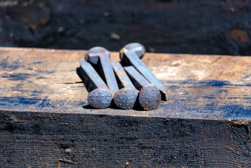 Close up of railroad spikes on wooden sleeper