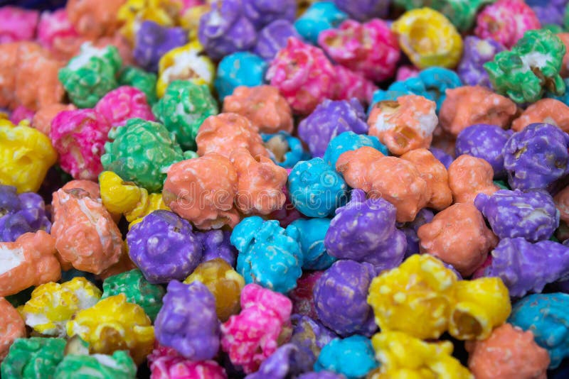 Large pile of bright multi colored popcorn