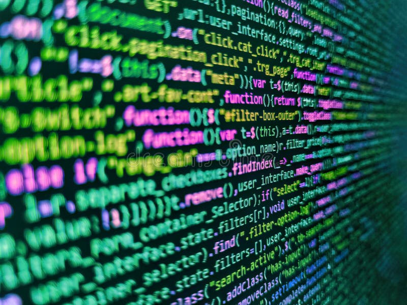 Close up of random computer code comprised of numbers and letters. Letters, chars, and digits. Mobile app building. Close up of stock photos