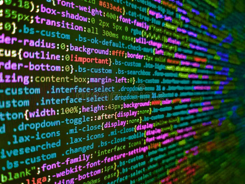 Close up of random computer code comprised of numbers and letters. Creative Js HTML5 closeup set on background. Background of royalty free stock image