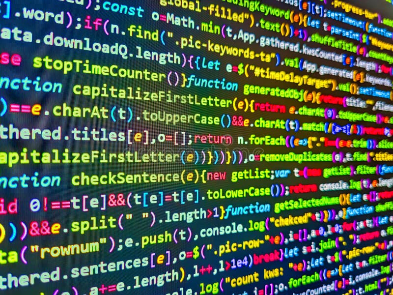 Close up of random computer code comprised of numbers and letters. Digital technology on display. Writing programming code. stock photo