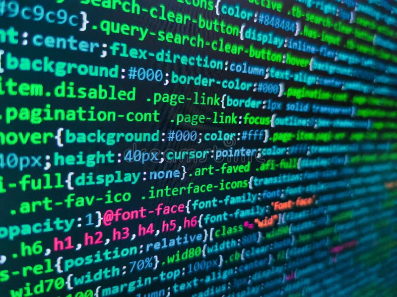 Close up of random computer code comprised of numbers and letters. Programming code abstract background screen of software. stock images