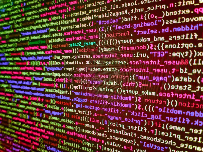 Close up of random computer code comprised of numbers and letters. Template of website, selective focus. Concept screen of stock photo