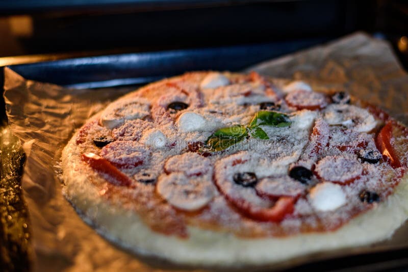 Close Up of Raw Pizza in the Oven Stock Image Image of paper, closeup