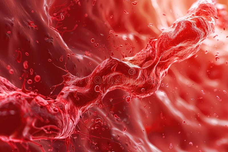 Close-up of a red abstract texture resembling liquid or flowing fabric, with vibrant and dynamic elements. High-resolution macro royalty free illustration