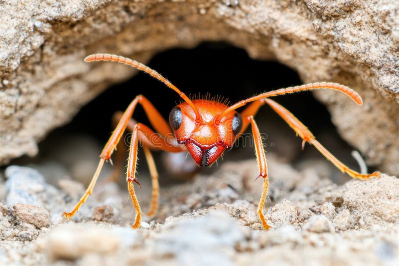 Close-up of a red ant emerging from its underground nest. Perspective ant stock images, royalty-free photos and pictures