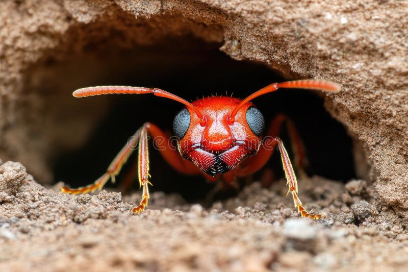 Close-up of a red ant emerging from its underground nest. Perspective ant stock images, royalty-free photos and pictures