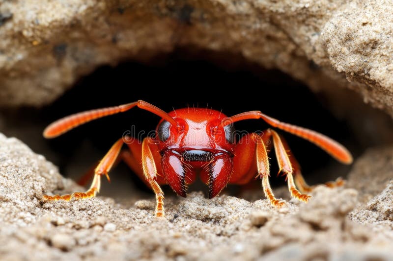 Close-up of a red ant emerging from its underground nest. Perspective ant stock images, royalty-free photos and pictures