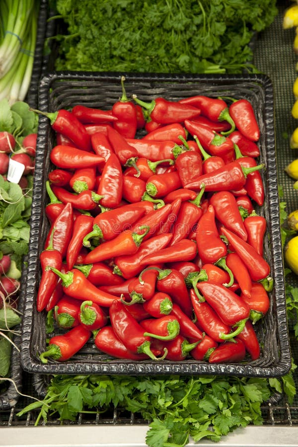 Close-up of red chili pepper in market stock image