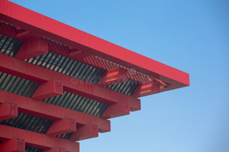 Close up of the the red Chinese Pavilion on the site of the Expo