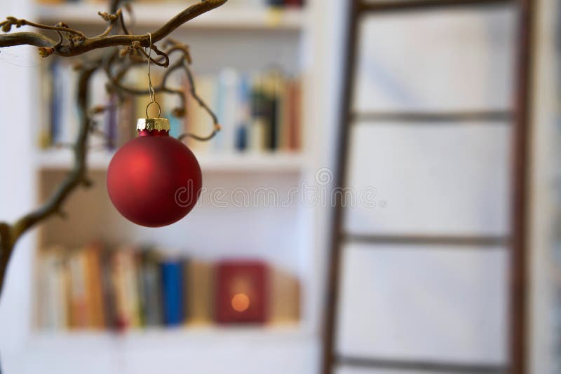 Close Up Of Red Christmas Ball At A Branch In Front Of Unsharp
