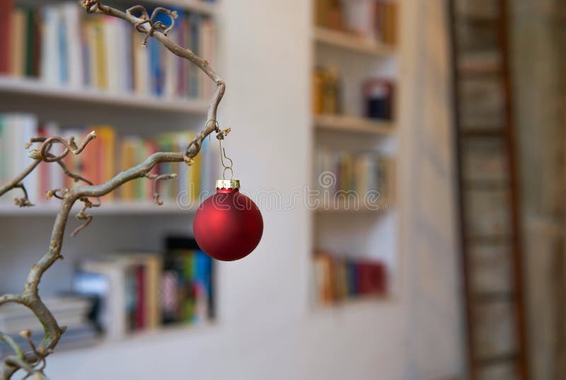 Close Up Of A Red Christmas Ball At A Branch In Front Of An
