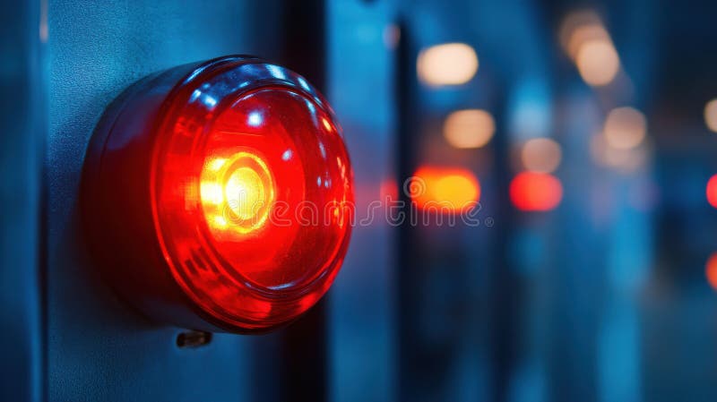 Close-up of red emergency alarm button on industrial control panel with blue background lighting vector illustration