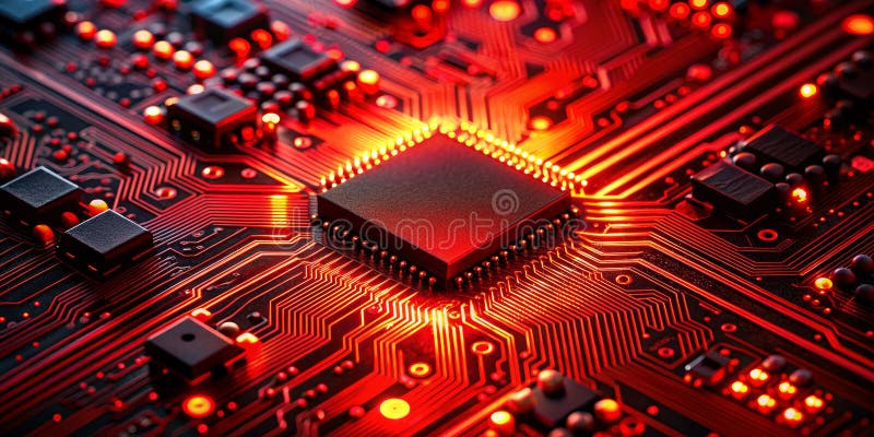 Close-Up of a Red Illuminated Circuit Board with a Black Processor, Microchip, Motherboard, Technology, Electronics vector illustration